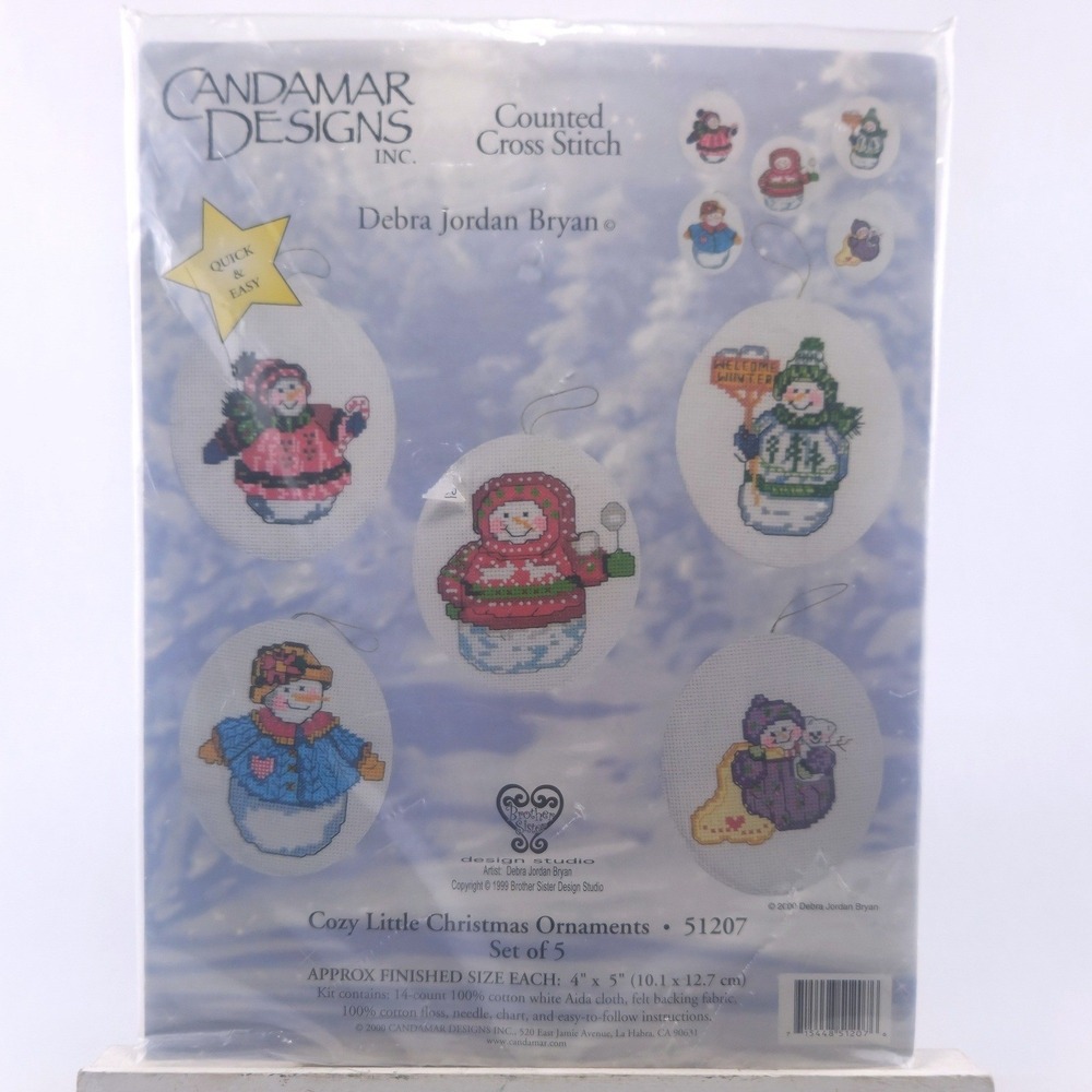 Candamar Designs Cozy Little Christmas Ornaments Cross Stitch Kit 51207 Snowmen